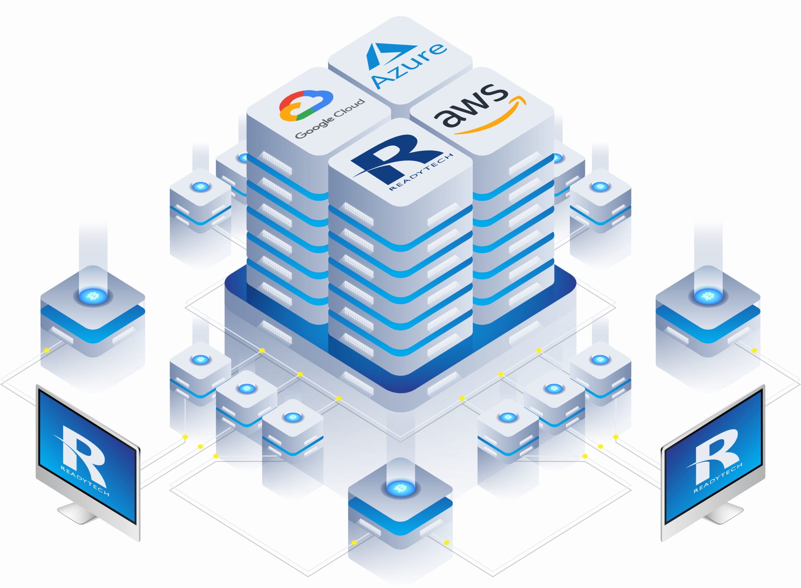 Isometric servers showcasing AWS, Azure, GCP, and ReadyTech Hosted Labs